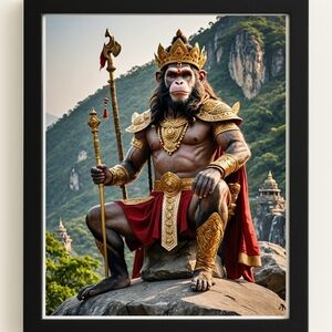 Majestic Gold and Red Monkey King Hanuman Art Print In A Glass Front Frame 8x10